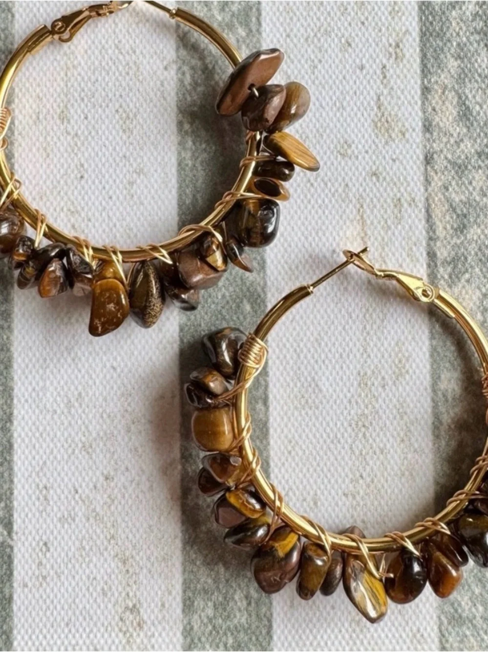 New Natural Golden Tiger Eye, Tiger Iron, Hematite Gold Tone Hoop Earrings - 2”